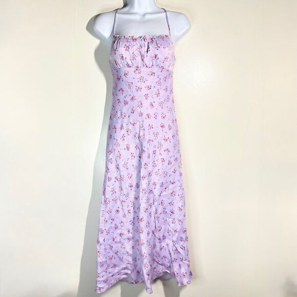 NWOT Zara Satin Purple Floral Print Low Back Tie Waist French Belle Slip Dress M - Picture 3 of 7